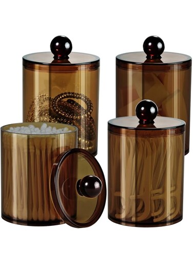 SheeChung 4 Pack Plastic Acrylic Bathroom Vanity Countertop Canister Jars with Storage Lid, Apothecary Jars Qtip Holder Makeup Organizer for Cotton Balls,Swabs,Pads,Bath Salts (Amber)