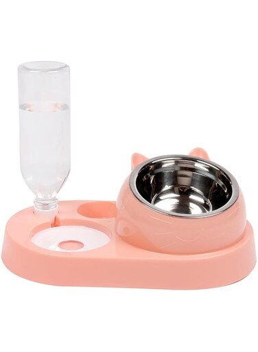 Raised Pets Water and Food Bowl Set, Automatic Water Dispenser Bottle, Cat Bowls,Detachable Stainless Steel Bowl No-Spill Pet Feeder for Small Medium Dogs and Cats Puppy Kitten Rabbit(Pink, M)