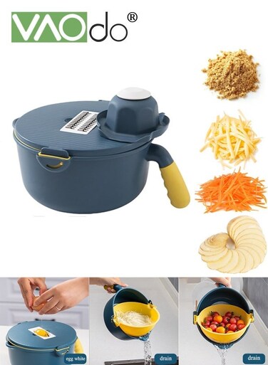 9 in 1 Multifunctional Kitchen Cutter Set with Multi-blades, Large Capacity Vegetable Slicer with Vegetable Washing Basket for Efficient Meal Slicing, Food-Grade Stainless Steel &amp; BPA Free ABS Material Kitchen Grater