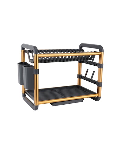 Dish Rack- RF12587/ 2 Layers, Organizer for Kitchen to Keep Plates, Bowls, Quarter Plate, Cutlery, Cups, etc., Holds 16 Plate/ Aluminum Drying Stand with Drainer Board