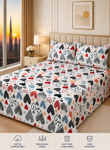 Queen Size White Multi-Heart Print Bedsheet Set 3PCS &acirc;&euro;&ldquo; 125 GSM Soft Breathable Fabric, Fade Resistant &amp; Durable with 2 Pillow Covers, 220x220 CM