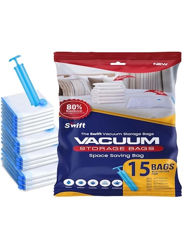 15 Pack Vacuum Storage Bags   Vacuum Bag with Pump   Space Saver Bag with Jumbo, Large, Smal, Reusable Vacuum Compression Bags for Packing Clothes, Blankets, Duvet, Pillows, Travel (15 Pack)