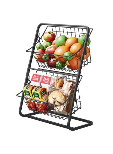 Tier Storage Rack, Fruit Container Storage Basket for Kitchen Countertop, Snacks Container Wire Storage Baskets, Stand Produce Storage Holder, Metal Fruit Bowl Wrought, Black