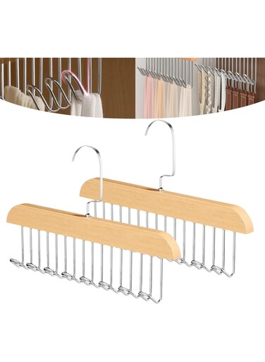 Hooks Space Saving Tie Rack 2 Pack, Premium Wood &amp; Steel Non-Slip Storage Hanger, Adjustable Closet Organizer for Belt, Scarf, Bra, Tie, Swimsuit, Jewelry   Durable Wardrobe Hanging Solution