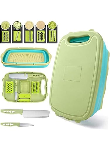 Foldable Cutting Board with Funnel, 9 in 1 Multifunctional Cutting Board, Kitchen Vegetable Basket, Food Grade Camping Sink Storage Basket for Kitchen/BBQ