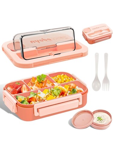 Necomi Bento Box for Kid School,لانش بوكس للاطفال Lunch Box with Reusable Spoon,Fork and Sauce Container, 4 Compartments 1400ML Lunch Box Drop-Proof,Made with BPA-Free Materials for Adults, Kids(Pink)