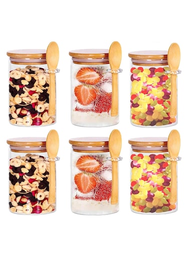 6-Pack 450ml(15oz) Glass Jars With Aitight Bamboo Lids and Spoon,Spice Jars Overnight Oats Jars Breakfast Jars Sugar Salt Coffee Tea Candy Cookies Jars, Multipurpose Kitchen Storage Jars