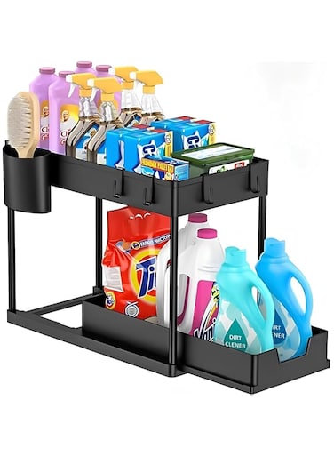 KOVEO 2-Tier Under Sink Organizer with Sliding Basket, Multi-Purpose Bathroom and Kitchen Cabinet Storage, Space-Saving Shelf Rack for Bathroom and Kitchen Cabinets