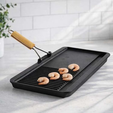 Home Cast Iron Grill Pan With Foldable Handle - Black