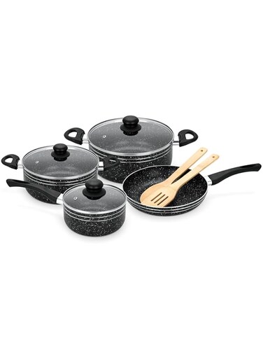 Royalford 9pcs Ritz Plus Cookware Set RF12514 Marble Coated and Press Aluminum Body, with Dot Induction Base, Bakelite Handles and Lid Casseroles, Saucepan, Bamboo Kitchen Tools and Fry Pan