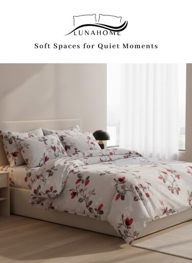 Home King size 6-piece modern set (1 Duvet cover - 220*240cm. 1 Fitted sheet - 200*200cm+30cm. 4 Pillow covers - 50*75cm. ), bedding set without filler with red leaf pattern.