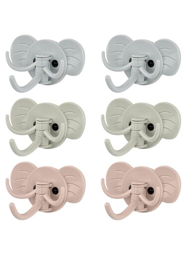 6 PCS Coat Hooks, Cute Elephant Shapes Round Sticky Hooks, Strong Self Adhesive Hooks, Multifunctional Wall Hooks Stick On, Iorn &amp; Wooden Back of Door Hooks for Bedroom Bathroom Kitchen