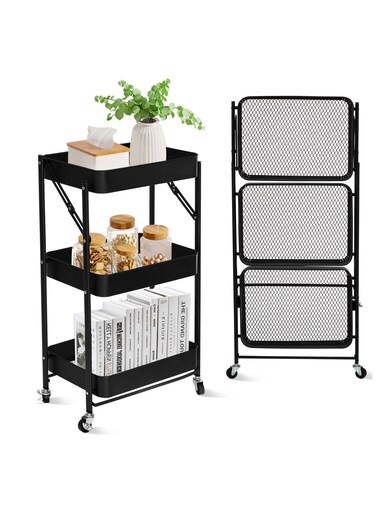 Multipurpose Folding Metal Utility Cart with Casters for Kitchen, Bedroom, Bathroom, Office, Laundry Room, Garage - Black 46x30x76cm