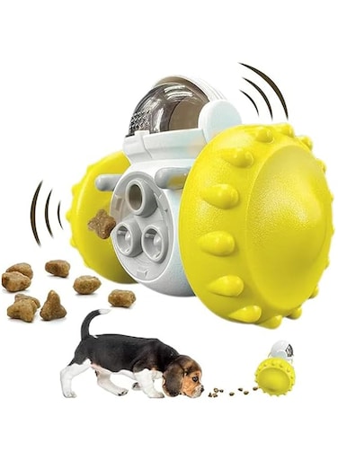 ALMEKAQUZ Interactive Dog Treat Toys, Robot Shape Slow Feeder for Small Medium Dogs to Keep Them Busy, Enrichment Tumbler Pet Puzzle Toys for IQ Training Mind Improvement(Yellow)