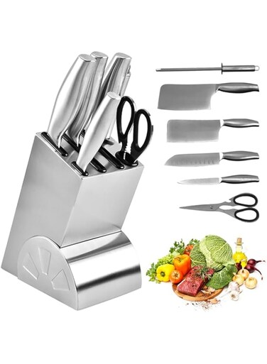 7 Pieces Kitchen Knife Sets, Professional Knife Block Set with Stainless Blades Sharpener Scissors, Heavy Duty Stainless Knife Sets for Kitchen Chef Home Restaurant Meat Steak Fruit Vegetables, Silver