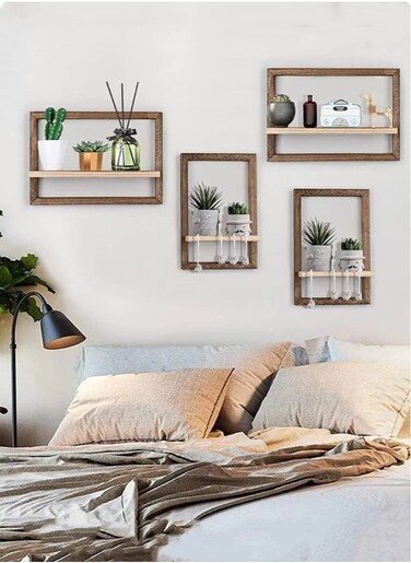 4-Piece Wall Display Shelf Wall Hanging Storage Rack Wooden 40x25x3 cm And 35.7x20.7x3 cm