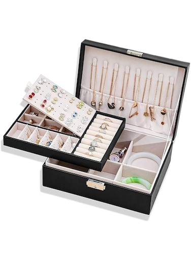 Sulfar PU Leather 2 Layer Jewelry Boxes for Women with 74 Stud Hole and Lock (Black)