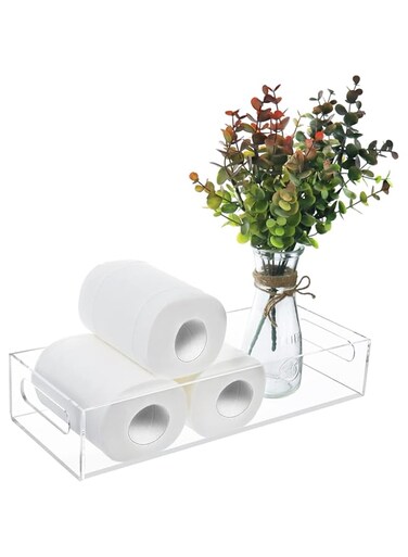 Toilet Paper Holder with Storage, Acrylic Toilet Tank Tray with Artificial Flower, Bathroom Decor Box Clear Bathroom Trays with Handles Vanity Tray for Bathroom Kitchen Table Counter Home Decor