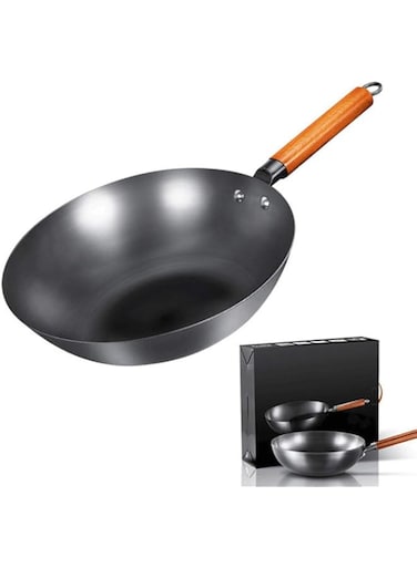 lijunjp 12" Pre Seasoned Cast Iron Pan, Traditional Hand Hammered Carbon Steel Pow Wok, Uncoated Non Stick Pan with Wooden Handle, for Fried, Boiled, Steamed, Stewed