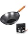 lijunjp 12" Pre Seasoned Cast Iron Pan, Traditional Hand Hammered Carbon Steel Pow Wok, Uncoated Non Stick Pan with Wooden Handle, for Fried, Boiled, Steamed, Stewed