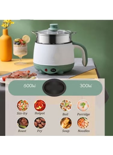 Mini Electric Pot - 1.8L Compact Cooker with Steamer for Dorms, 300W/600W Dual Power, Non-Stick Stainless Steel Pot, Perfect for Noodles, Soup &amp; Hot Pot (Grey)
