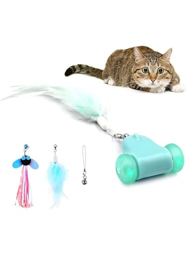 Interactive Cat Toys for Indoor Cats - Automatic Mouse Cat Toy for Pet Exercise with LED Wheels &amp; Mouse Squeaking Sound, USB Chargeable Smart Electric Cat Toy with Bells, Feathers and Ribbons