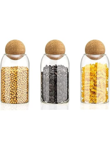 TAPIT Glass Jar with Ball Cork Lid, Glass Canister with Wood Lid, Storage Container Jars for Coffee, Tea, Spice, Sugar, Salt, Set of 3 (500ml, 800ml, 1200ml) (3 PC, 800ml)