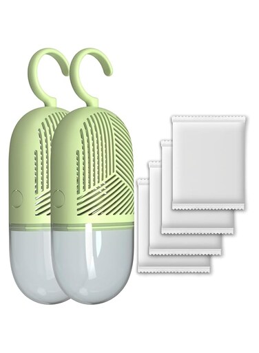 Hanging Moisture Absorber, 2 Packs of 360&deg; Ventilation Reusable Dehumidifiers for Closet, Includes 4 Refill Bags, Damp Rid Essentials for Wardrobes, Bedrooms &amp; Bathrooms, Green