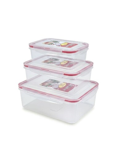 Clear Plastic Food Storage Containers Set of 3, Rectangular, Airtight Locking Lids, Kitchen Organiser
