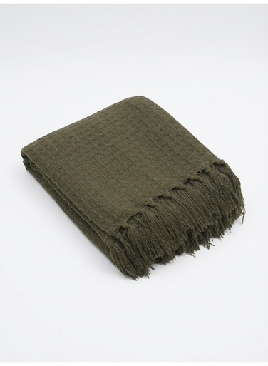 130 x 160 cm Premium Cotton Throw Blanket in Olive Green with Fringe Tassels, Cozy Waffle Textured Sofa Slipcover Decorative Bed Runner and Travel Picnic Mat 400GSM