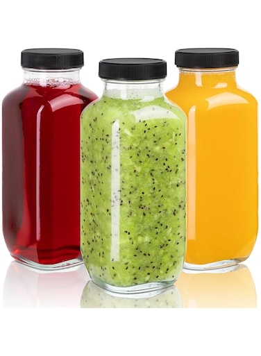 Premify 3Pack Glass Juice Bottles(16oz) with Lids Reusable Glass Square Beverages Drinking Jars with Tamper-proof Black Caps for Travel Milk Water Tea Honey Kombucha Smoothie Boba
