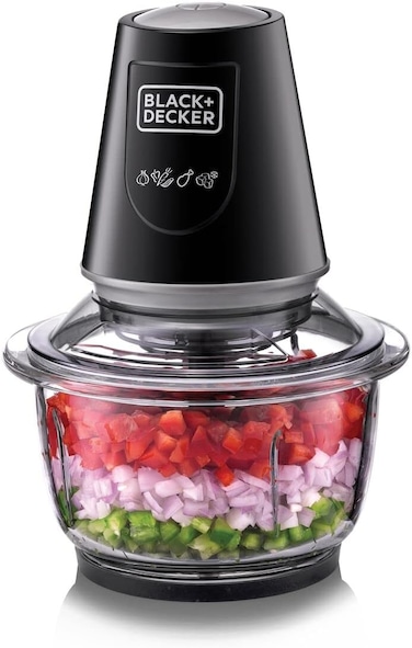 BLACK+DECKER Multi-Function Glass Chopper &amp; Mincer, 400W, XXL 1.2L Bowl, 4-Blade System, Pulse Speed for Precision, Ice Crushing, Compact Sleek Black Design, Easy to Clean, Black - GC400-B5