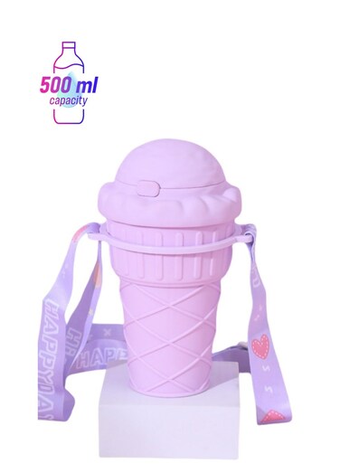Children Ice Cream Water Bottle with Straw, Leak-Proof Silicone, Reusable with Strap, 500ml,Purple