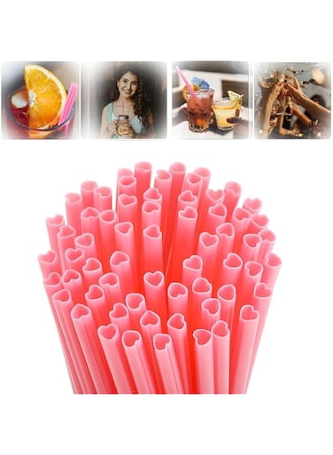 ELECDON Heart-Shaped Pink Straws Disposable Drinking Cute Straw Individually Wrapped Pink Plastic Straw Valentines day Cocktail Birthday Party for kids Bridal Shower Wedding Supplies (100 Pieces)