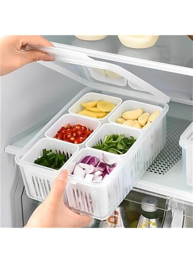 Food Storage Containers with Lids Airtight, Scallion Preservation Box Fridge Fresh-Keeping Container, 6 Grids Draining Crisper Portable Divided Fruit Storage Container Ginger Storage Basket for