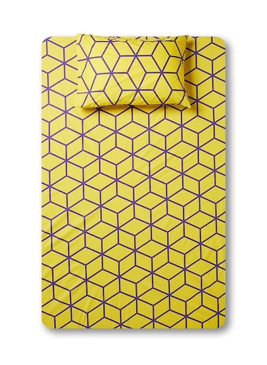 2-Piece Printed 180TC Fitted Bedsheet Set Twin Size Pure Cotton Yellow/Purple