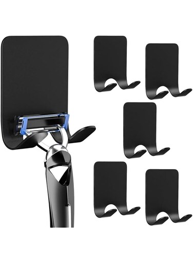 Tazweeq Razor Holder for Shower Wall, Self Adhesive Shaver Holder, 6 Pcs Shower Razor Holder Storage Hooks, Heavy Duty Waterproof Sticky Hooks for Hanging Towels, Loofah, Coat, Hat (Black)