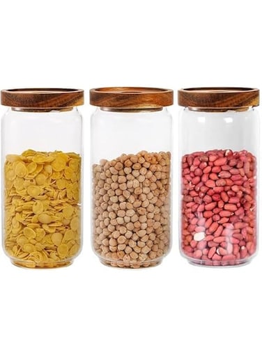 LAURUS Glass Storage Jar with Wood Lids, Airtight Sealed Clear Borosilicate Glass Container,Tea Canister,Kitchen Food Storage Containers for Coffee Beans Loose Tea Nuts Sugar Candy Spice(1000ml)