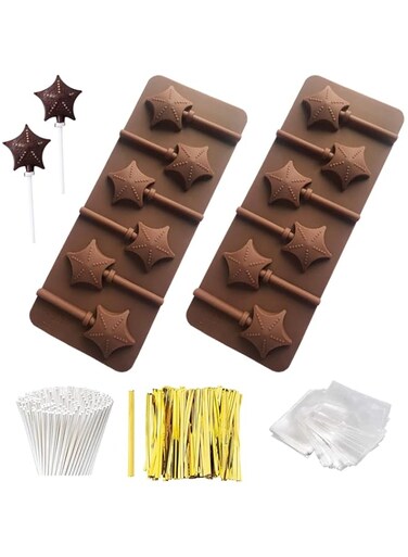 Azonee 2Pcs Silicone Lollipop Molds, Candy Mold, Sucker Molds,100 Pcs Lollipop Sucker Sticks,100Pcs Candy Treat Bags,100Pcs Gold Twist Ties for Making Chocolate, Candy, Cookie, Ice Cubes