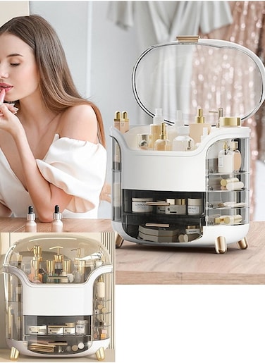 Makeup Organizer Storage Box Countertop Cosmetic Organizer with Lid &amp; Drawers Dustproof Skincare Organizers Bathroom Counter Makeup Organizer for Bathroom Countertop Bedroom Dresser (B)