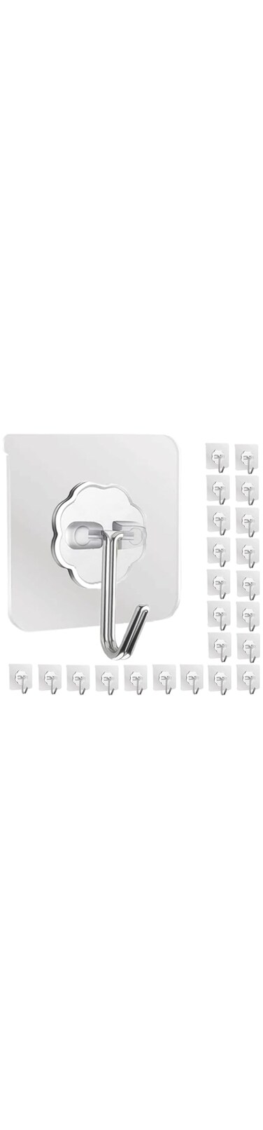 DDMY Adhesive Hooks Kitchen Wall Hooks 24 Packs Heavy Duty 13.2lb(Max) Nail Free Sticky Hangers with Waterproof Hooks Reusable Utility Towel Bath Ceiling Hooks, Transparent + Silver