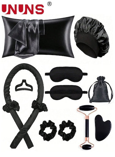 12Pcs Sleeping Hair Styling Tools Set,Curler And Facial Massager,1 Pillowcase,Heat-Free Curling Iron Set,Overnight Curler,1 Sleeping Soft Eye Mask,1 Storage Bag,Facial Roller Skin Care Tools for Women,Black