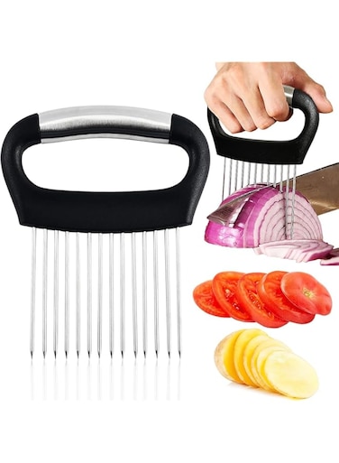 PawPawU&reg; Onion Holder for Slicing, Stainless Steel Food Cutting Helper for Tomatoes, Potatoes, Cucumbers, Apples, Carrots, Avocados or Lemon, Double As a Meat Tenderizer