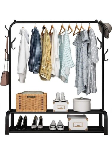 Rack Floor-To-Ceiling Bedroom Household Clothes Rack Indoor Balcony Simple Clothes Rail Removable Folding Storage Rack Double-Layer Shoe Rack Single-Pole Black Hanger