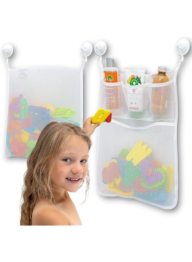 SWIUKPHE Bath Toy Storage Organizer - 14"x20" Mesh Shower Caddy With Suction Cup &amp; Adhesive Hooks, Toy Storage Net Organizer for Kids Bathroom Decor, Bedroom &amp; More - with Extra Hooks