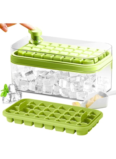 Cube Tray with Lid and Bin, 2 Pack Ice Cube Trays for Freezer, 64 Pcs Ice Cube Mold (Green)