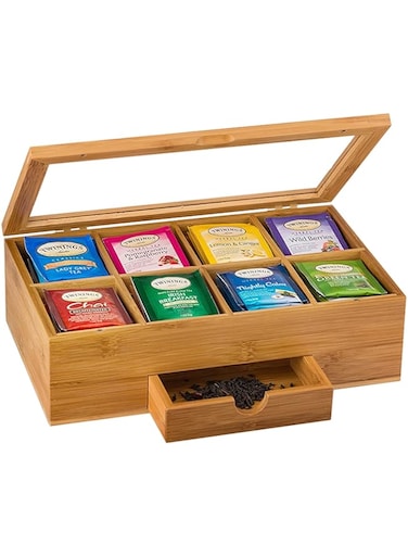 yeshine Tea Box Storage Bamboo Tea Bag Organizer with 8 Compartments Wooden Tea Box Containers with Acrylic Window and Drawer for Cabinets Countertop