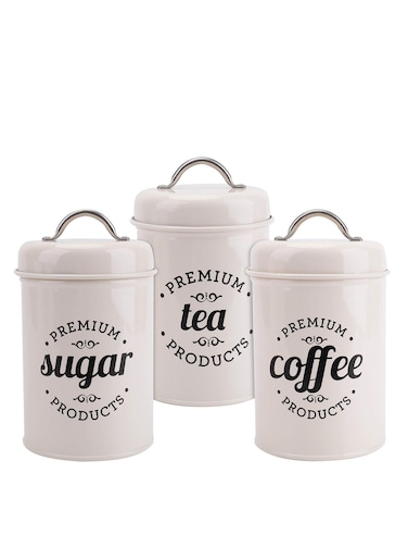 3PCS Airtight Kitchen Canister with Lids, Coffee, Tea, Sugar Metal Containers Jars, Decorative Kitchen Food Canister Jars, white
