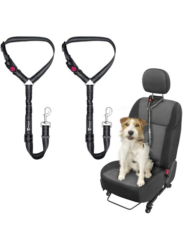 Khazna Dog Seat Belts, Adjustable Strong Safety Harness for Small, Medium and Large Pets, Reflective Elastic Bungee Connect Dog Harness in Vehicle Travel Daily Use (2 Pack,Black)