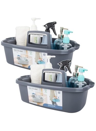 SIMPDIY 2 Pack Cleaning Supplies Caddy,Plastic Cleaning Supply Organizer Bucket with Handle Portable Housekeeping Shower Tote Caddy Under Sink Tool Storage Baskets for Bathroom, Kitchen (Dark Grey)